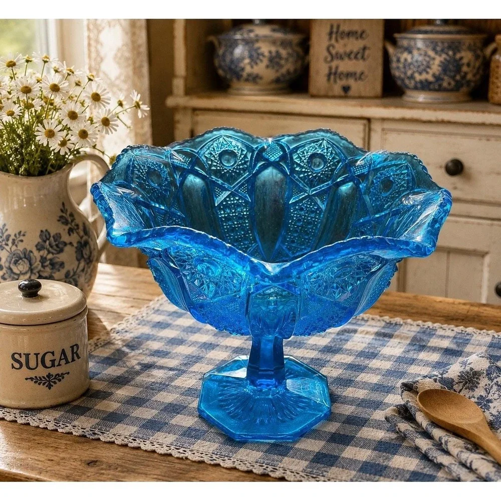 L E Smith Heritage Quintec Blue Stemmed Footed Compote Dish Bowl Cottage Core